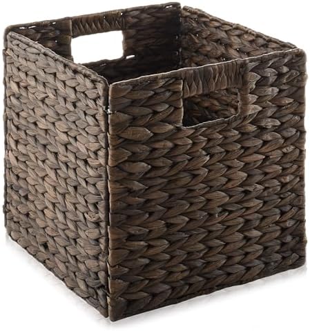Casafield 10.5" x 10.5" Water Hyacinth Storage Baskets, Espresso - Set of 6 Collapsible Cube Organizers, Woven Bins for Bathroom, Bedroom, Laundry, Pantry, Shelves - Image 3