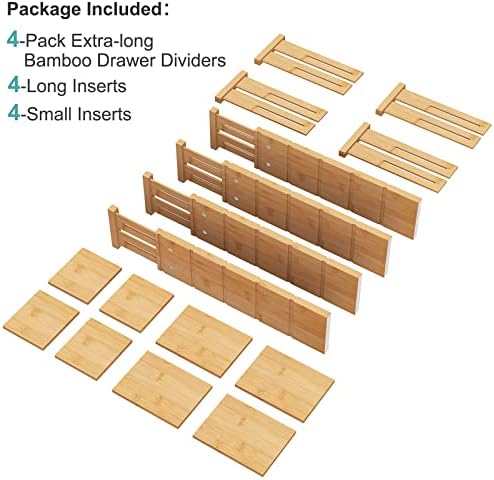 4.4" High Bamboo Drawer Dividers with Inserts, Kitchen Adjustable Drawer Organizers, Expandable Organization for Home, Office, Dressers, and Bathroom, 4 Divider with 8 Insert - Image 6