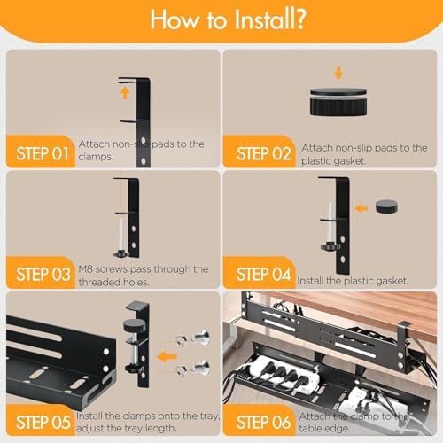 No Drill Under Desk Cable Management Tray, 17”-30” Retractable Cord Organizer for Table, Clamp Mount Wire Basket, Power Strip Holder & Metal Cord Organizer for Office, Home，Black - Image 5