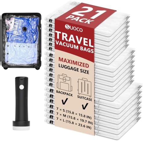 Travel Vacuum Bags for Clothing with Cordless Pump 21 Combo, Clear by SUOCO