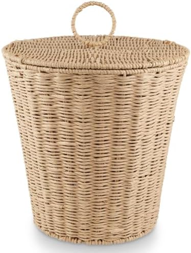 84ECO 3 Gallon Natural Woven Paper Trash Can with Lid and Liner for Bathroom by 84ECO