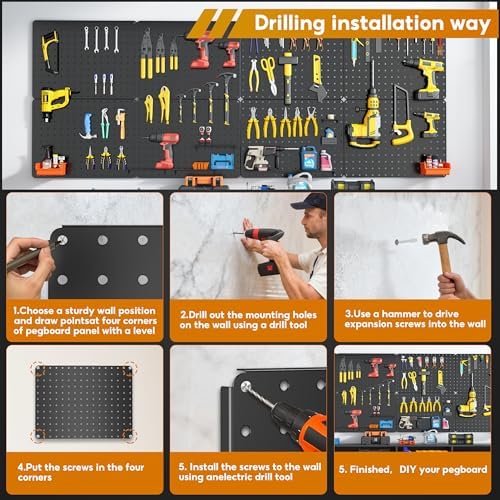 Peg Board, 114PCS Heavy Duty Metal Pegboard with Hooks, 8 Pack Black Peg Board Panels, 60lbs Load Capacity Each, Pegboard Wall Organizer for Garage, Workshop, Kitchen, Craft Rooms - Image 6