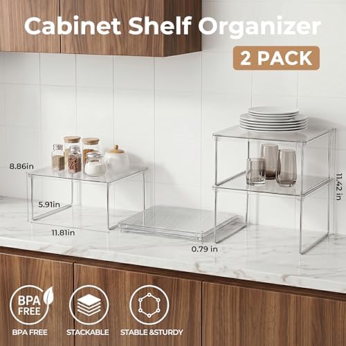 Kitchen Cabinet Organizer Shelf, 2-Pack Clear Stackable Shelf Risers - Image 2