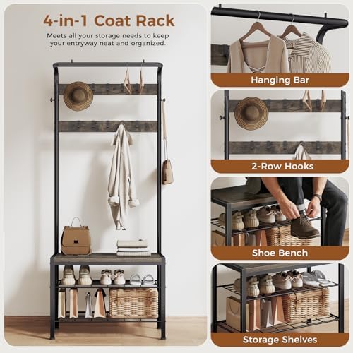 Hall Tree with Bench and Shoe Storage, 4-in-1 Entryway Organizer with 10 Hooks and Storage Shelf,Coat Rack Freestanding with 2-Tier Storage Shelf for Living Room, Bedroom Gray - Image 4