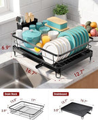 Sakugi Stainless Steel Dish Drying Rack for Kitchen Counter, Sink Organization and Storage Essentials with Silverware & Utensil Holder, Home and Apartment Decor, 12.5''W x 16.5'L, Black - Image 2