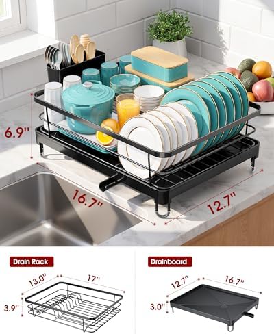 Sakugi Stainless Steel Dish Drying Rack for Kitchen Counter, Sink Organization and Storage Essentials with Silverware & Utensil Holder, Home and Apartment Decor, 12.5''W x 16.5'L, Black - Image 2