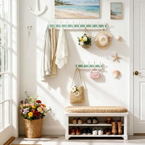 SKOLOO Coastal Wall Mounted Coat Rack - 16-7/8" Beach House Entryway Wooden Coat Hook with 5 Hooks for Hanging Coats, Hats or Towels, Oceanfront Cottage Core Collection, White & Green - Image 2