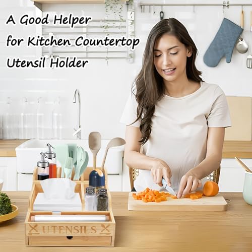 Kitchen Utensil Holder with Drawer, Farmhouse Spatula Organizer for Countertop,Large Capacity Flatware Spoon Forks Knives Cooking Tool Cutlery Holder for Party Picnic BBQ with 11 Compartments (Wood) - Image 7