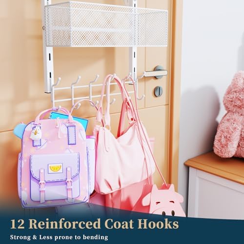 Consumest Over The Door Hooks Organizer - 4 Tier Door Coat Rack with 3 Baskets & 12 Hooks, Stainless Steel Towel Hanger for Bedroom, Bathroom, Living Room, White - Image 4