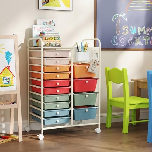 Giantex 14 Drawer Storage Cart, Rolling Craft Cart with Metal Tabletop & Pegboard, Mobile Utility Organizer Trolley with Locking Wheels, Home Office, Macaron Multicolor - Image 4