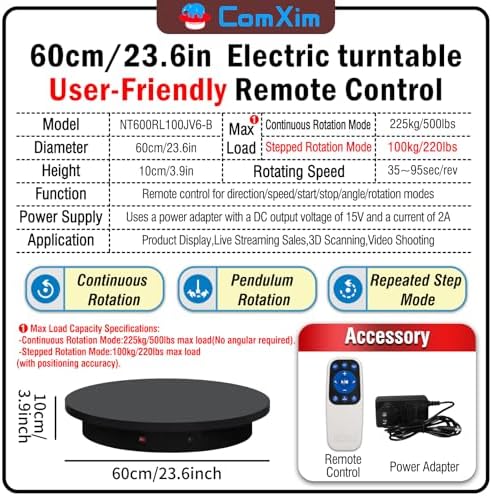 23.6In Remote Large Motorized electric turntable Rotating platform Photography Turntable Motorized lazy susan Base giratoria para for Photography,3D Scanner,Heavy duty display(Load Range:220~500lbs) - Image 2