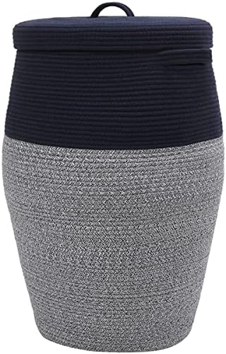 26"x20" Handcrafted Tall Cotton Rope Basket with Lid, Stylish Flagon Shape with Cover, Clothes Hamper with Top, for Bedroom and Living Room, Dark Blue Mix by Cottonphant