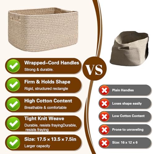 2 Pack Large Storage Basket for Organizing, 17.5"x13"x7" Woven Basket for Shelves, Closet Cube Storage Bins with Wrapped Handle, Cotton Rope Baskets for Kitchen, Clothes, Toys (Natural) - Image 6