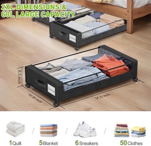 Beborxue Under Bed Storage with Wheels, 4-Pack UnderBed Storage Containers with Clear Lids, XXL 60L Under the Bed Storage Organizer Bins, Rolling Under Bed Metal Drawer for Clothes,Shoes,Toys (Black) - Image 4