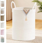 100L Extra Large Tall Cotton Rope Laundry Basket with Handle, White by SunNewt