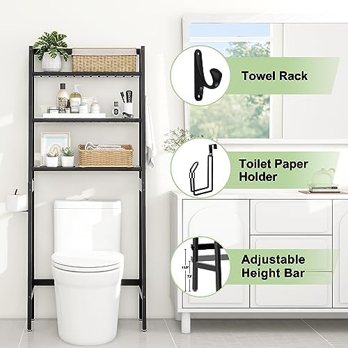 MallKing Over-The-Toilet Storage Rack, Wooden 3-Tier Over-The-Toilet Storage Rack Bathroom Space Saver Organizer, Freestanding Above Toilet with Toilet Paper Holder and Hooks (Black) - Image 5