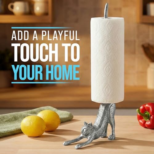 Comfify Yoga Cat Decorative Paper Towel Holder or Toilet Paper Holder - Adorable Downward Dog Pose Kitty- Cast Iron Paper Towel Stand - Antiqued Cast Iron White Color - 18.5" - Silver with Black - Image 2