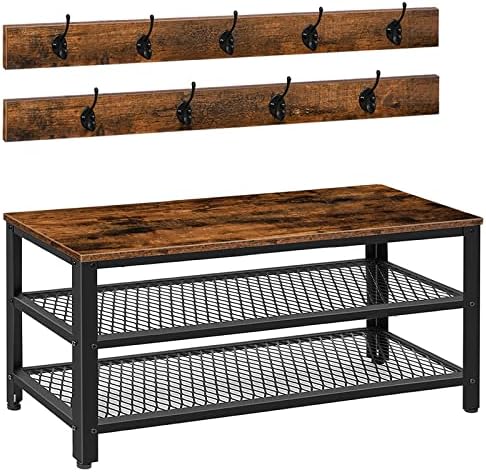 HOOBRO Hall Tree Entryway Storage Bench, Coat Rack Shoe Bench, Shoe Rack Organizer with Coat Hooks, 3-in-1 Design, Wooden Furniture with Metal Frame, Rustic Brown and Black BF171MT01 by HOOBRO