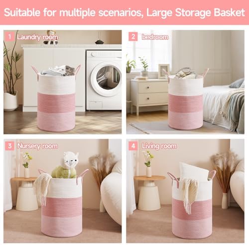 CLHMILY&Z 80L Laundry Basket Round Storage Rope Basket - 16.5x22.5 Inches - Pink Hamper in Bedreoom and Cute Storage Bin for Blankets, Toys, and Nursery Essentials - Image 5