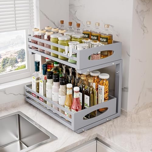 Under Sink Organizer, 2 Tier Under Sink Organizers and Storage, Adjustable Height, Slide out Metal Cabinet Organizers, Pull out Cabinet Storage Drawer Shelf for Kitchen Bathroom (Gray, 2 Pack) - Image 3