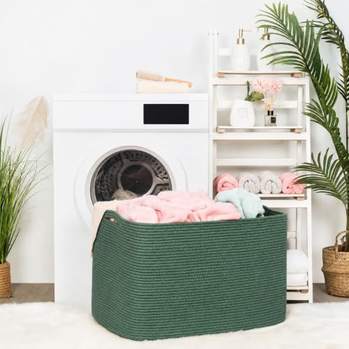 MINTWOOD Design 112L Extra Large Blanket Basket Holder Living Room, 25"x17"x16" Rectangle Rope Woven Storage Basket with Handles for Laundry, Towels, Shoes, Dog Toy Organizer Bin Box, Green - Image 4