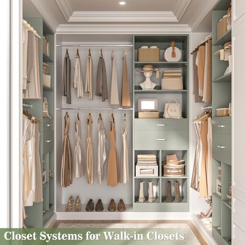 Besiost Closet System, 4-8 FT Closet Organizer Tower with 2 Wooden Drawers and 5 Hanging Rods, Can Fit 60 to 96 inch Walk-in Closet System, Crab Green - Image 6