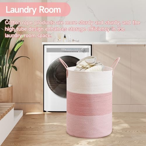 CLHMILY&Z 80L Laundry Basket Round Storage Rope Basket - 16.5x22.5 Inches - Pink Hamper in Bedreoom and Cute Storage Bin for Blankets, Toys, and Nursery Essentials - Image 2