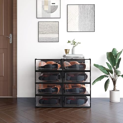 8-Piece Boot and Shoe Storage Box, Stackable Clear Plastic Shoe Box, Space-Saving Shoe Organizer for Boots, Sneakers, and High Heels, Black - Image 2