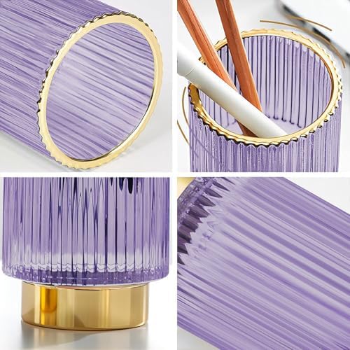 DASITON Makeup Brush holder Organizer,Crystal Cosmetic Makeup Brush Glass Brushes Storage Holder, Vintage Make Up Brush Cup Pen Pencil Holder striped vase(Purple S+L) - Image 5