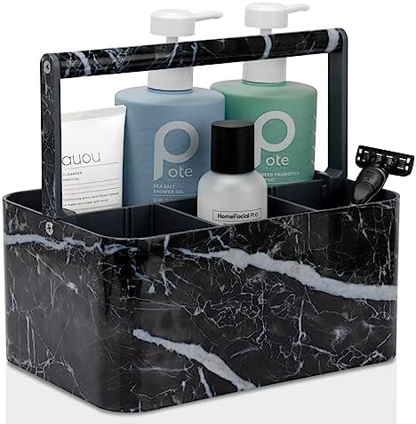 BYUNER Plastic Shower Caddy Dorm: Portable Bathroom Caddy Organizer for College with Handle and Adjustable Divider, Utility Hard Shower Basket Bath Tote for Toiletry, Shampoo, Soap (Black Marble) by MakesYourHomeMoreOrganized