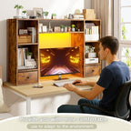 REIBII 47.2" Desktop Bookshelf, 6 Shelves & 2 Drawers, LED Lights, Brown - Image 7
