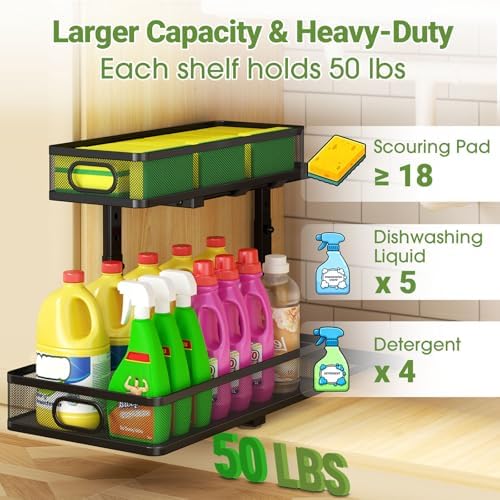 Under Sink Organizer 2-Pack, 2-Tier Pull-Out Cabinet Organizer with Adjustable Height, Metal Under Sink Storage Rack for Kitchen Bathroom Pantry Cabinets, Black - Image 4