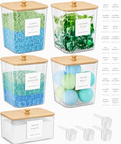5 Pack Laundry Pods Container, Clear Laundry Room Organization Containers,Large Detergent Powder Storage, Black Wooden Lids & Labels and Scoops for Scent Booster, Powder, Pods by Unknown