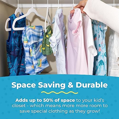Fontaines Luxury Kid's White Velvet Felt Non Slip Clothes Hangers 50 Pack - Ultra Slim & Space Saving - Heavy Duty Swivel Black Hook for Children's Clothing, Shirt, Dress, Skirt & Pants Organization - Image 5