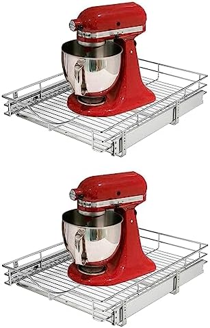 DINDON Pull Out Cabinet Organizer, (14" W x 18" D) Heavy-Duty Metal Sliding Drawer Shelf, Bathroom Under Sink Kitchen Cabinets Organizer and Storage Slide Out Shelves, Chrome, 1 Tier, 2 Pack by DINDON