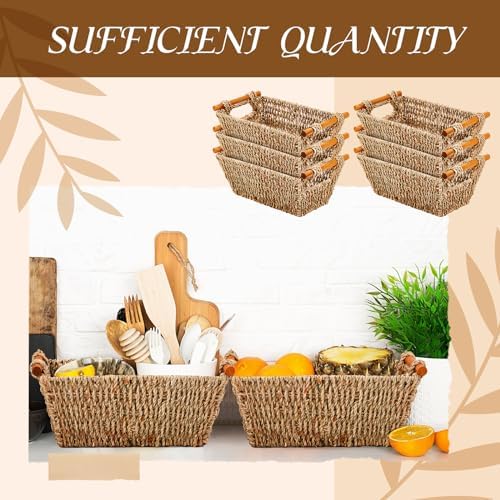 Marsui 6 Pcs Small Hand Woven Wicker Baskets with Wooden Handles, Seagrass Rattan Storage Baskets Bin Organizer Shelf Pantry for Bathroom Storage Towel Kitchen Washroom Gifts Decor, 9" x 6" x 4" - Image 6