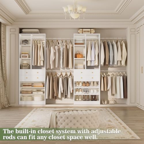 Besiost Closet System, Up to 134"/11.2 FT Closet Organizer with 4 Wooden Drawers and Shelves, Walk-in Closet System with 6 Hanging Rods, Built-in Closet Can Fit 96"/8FT, 120"/10FT, White Set 2 - Image 6