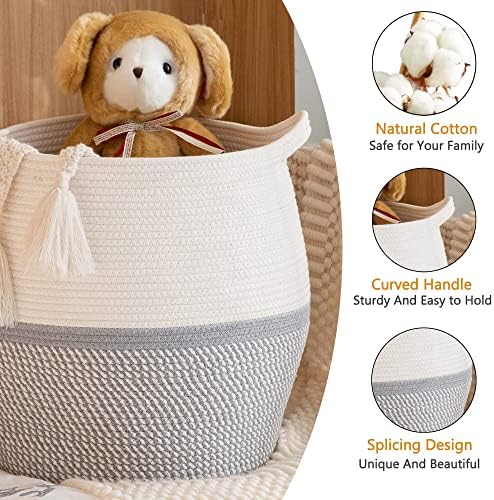 KAKAMAY Woven Baskets for Storage(17"x17"),Large Cotton Rope Woven Baby Laundry Hamper,Collapsible Laundry Basket, Blanket Basket for Organizing Living Room,Nursery,Pillows,Toy Chest(Grey) - Image 2