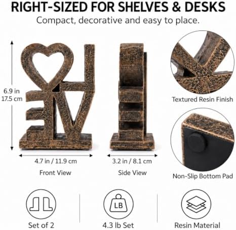 Love Bookends, Gold Decorative Book Ends for Shelves, Resin Bookends Set - Image 2