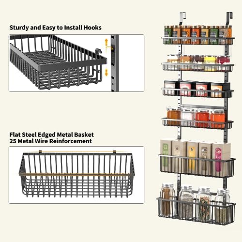 Moforoco 6-Tier Over The Door Pantry Organizer, Pantry Organization and Storage, Black Hanging Basket Wall Spice Rack Seasoning Shelves, Home & Kitchen Laundry Room Bathroom Essentials accessories - Image 3
