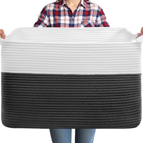 75L Large Blanket Storage Basket with Handles - White & Black by Unknown
