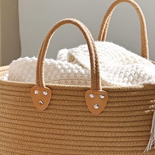 KAKAMAY Large Blanket Basket (18"x18"x16"),Woven Baby Laundry Hamper for Storage, Cotton Rope Blankets Baskets for Nursery, Laundry, Living Room, Pillows, Baby Toy chest with Handles (Brown) - Image 5