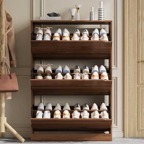 Xixini Shoe Storage Cabinet for Entryway with 3 Flip Drawers, Sturdy Wood Hidden Shoe Storage, Freestanding Narrow Slim Shoe Organizer for Front Door Entrance, Living Room, Hallway, Bedroom, Walnut - Image 6