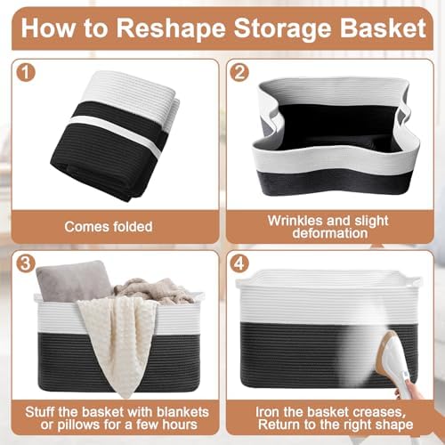 75L Large Blanket Storage Basket with Handles - White & Black - Image 7