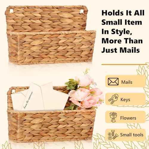 2 Pcs Woven Mail Holder Wall Mount Basket 9.25x1.57 Inch Rattan Wall Letter Holder Wicker Wall Basket Storage Water Hyacinth Hanging Storage Basket with Hooks for Mail Envelope Office - Image 6