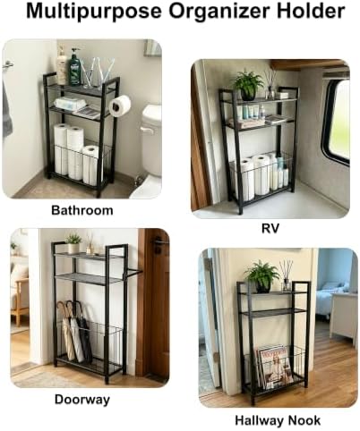 Black Freestanding Toilet Paper Holder Stand with Shelf and Roll Storage - Image 6