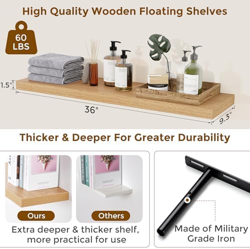 Floating Shelves for Wall, 24 in Oak Wall Shelves 9.3in Deep Shelf - Image 3