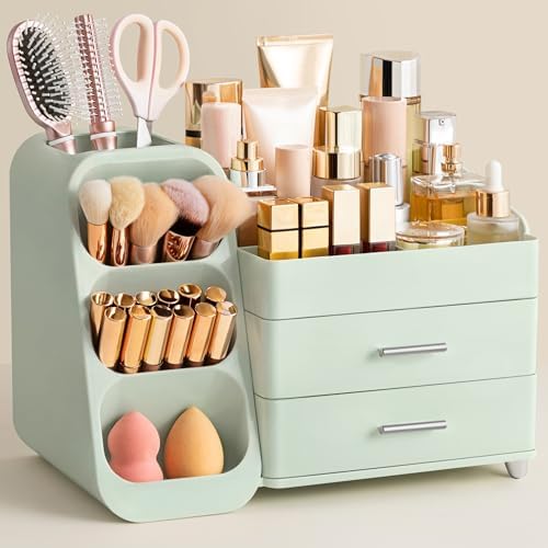 HBlife Makeup Organizer with Brush Holder for Vanity, Large Plastic Bathroom Countertop Organizer Skin Care Storage, Easy to Store Lipsticks, Nail Polishes, Perfumes, Eyeshadow Palettes, All Green by HBlife