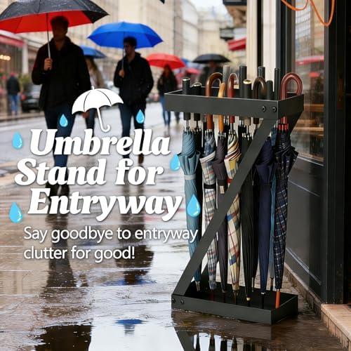 Umbrella Holder for Entryway, Black Indoor Umbrella Stand with Hooks,Metal Umbrella Storage Rack Ideal for Home Office Hotel Lobby - Image 5