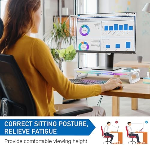 Monitor Stand Riser with USB 3.0 Hub & Type-C Port, 15W Fast Wireless Charging & RGB Lighting, Desk Organizer for Home Office PC iMac 27 Inch (White) - Image 6